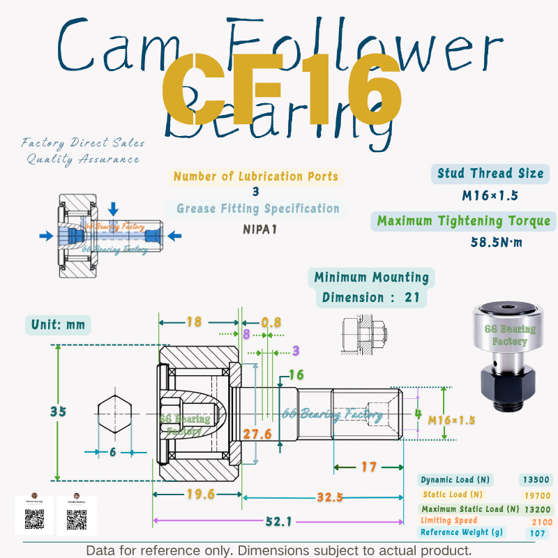 CF16 stud type cam follower bearing