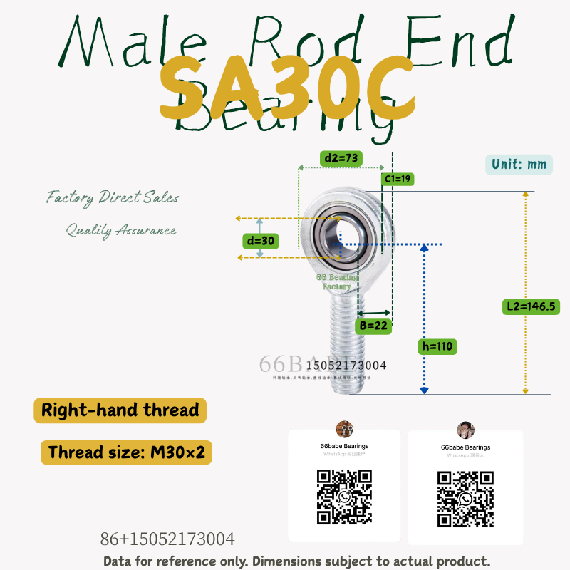 SA30C - Thread Size: M30×2.0 - Right-Hand Male Rod End Bearing