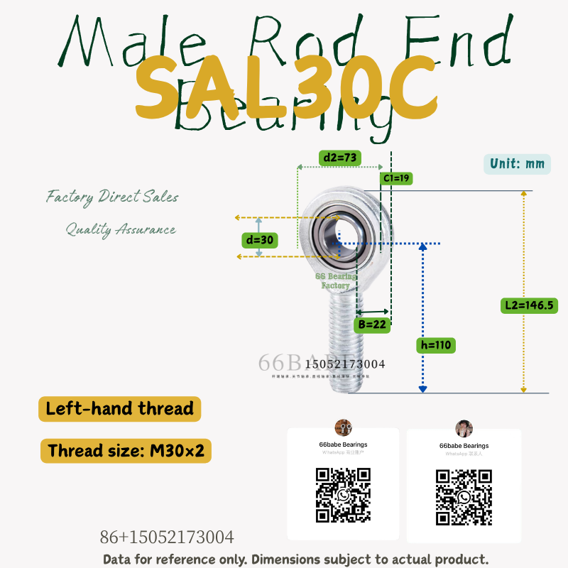 SAL30C - Thread Size: M30×2.0 - Left-Hand Male Rod End Bearing