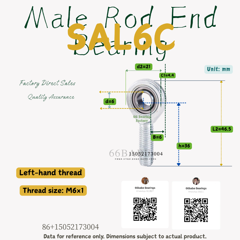 SAL6C - Thread Size: M6×1.0 - Left-Hand Male Rod End Bearing