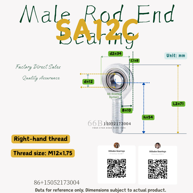 SA12C - Thread Size: M12×1.75 - Right-Hand Male Rod End Bearing