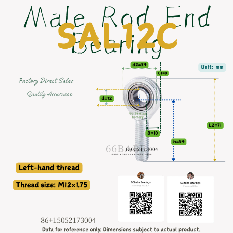 SAL12C - Thread Size: M12×1.75 - Left-Hand Male Rod End Bearing