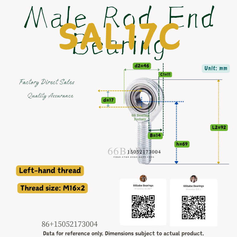 SAL17C - Thread Size: M16×2.0 - Left-Hand Male Rod End Bearing